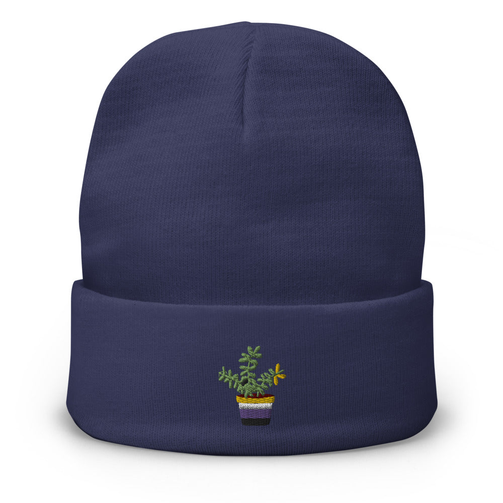 Non Binary plant embroidered beanie