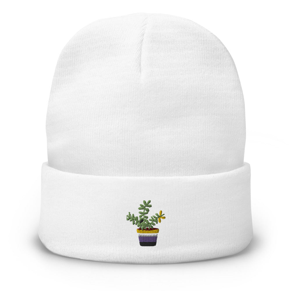 Non Binary plant embroidered beanie