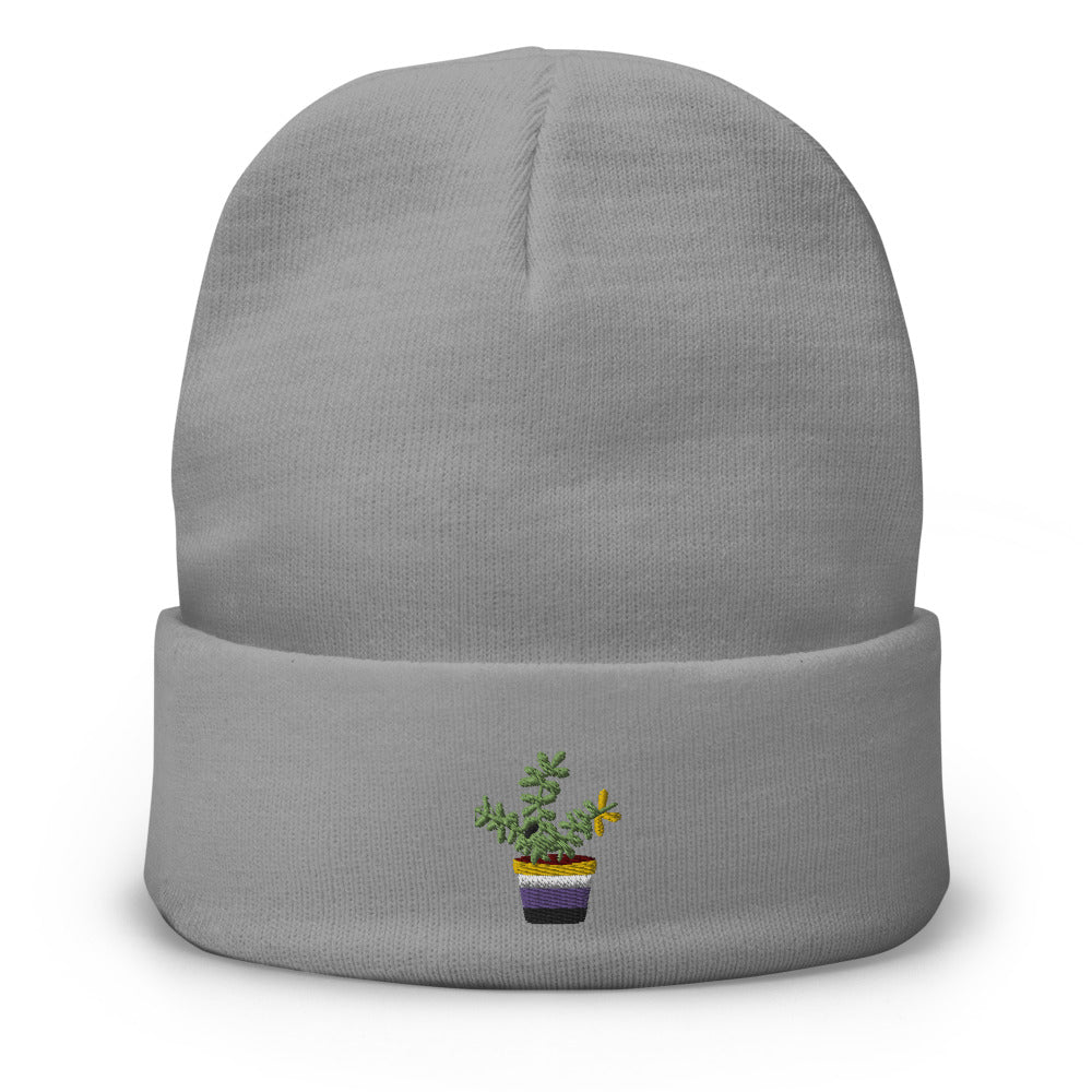 Non Binary plant embroidered beanie